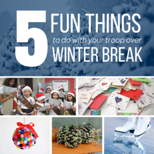 Images of Girl Scouts doing winter activities.