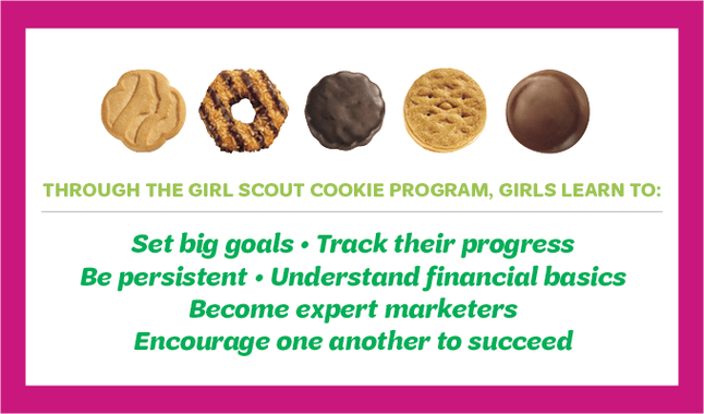 Through the Girl Scout Cookie Program, girls learn to: set big goals; track their progress; be persistent; understand financial basics; become expert marketers; encourage one another to succeed.