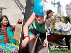 A Girl Scout selling cookies, a Girl Scout rock climbing, and Girl Scouts helping out in a community garden.