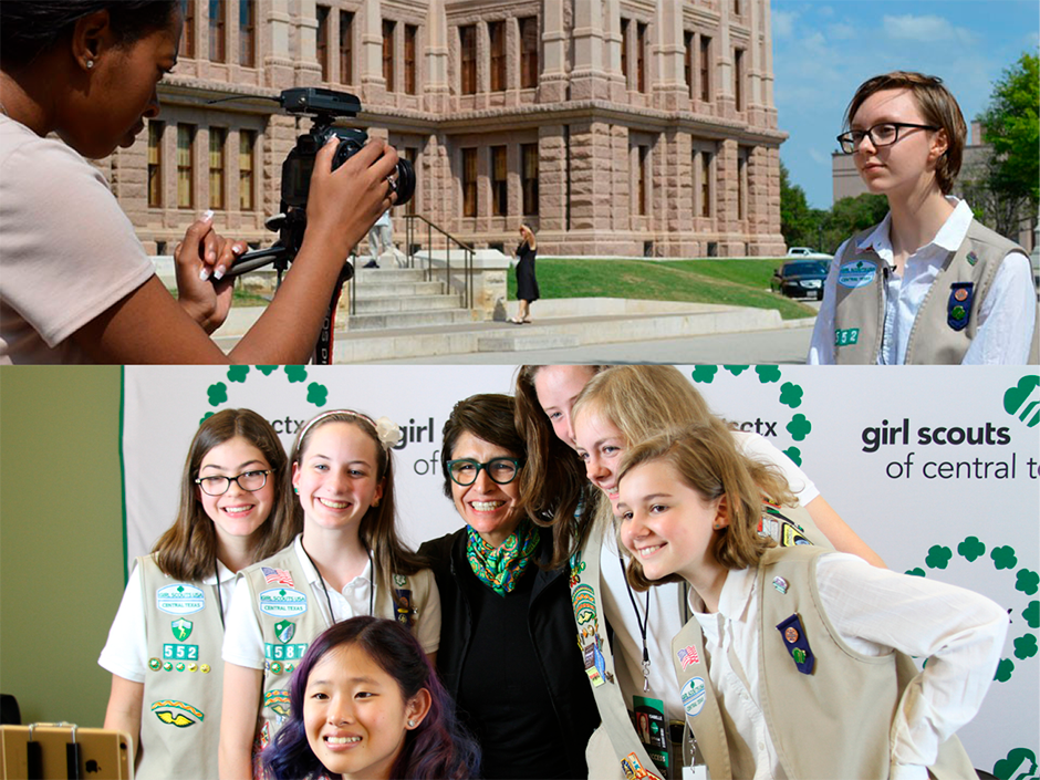 Press corps member getting picture taken and girl scouts gathering for a photo with GSUSA CEO Sylvia Acevedo