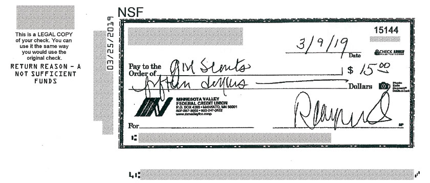 Sample of Legal Copy of Returned Check