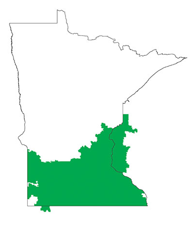 Minnesota map outline with bottom filled to indicate service unit presences