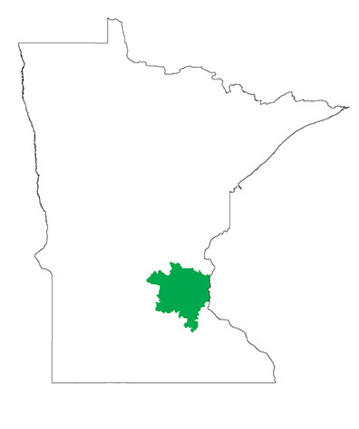 Minnesota map outline with twin cities area filled in green to indicate metro area service units