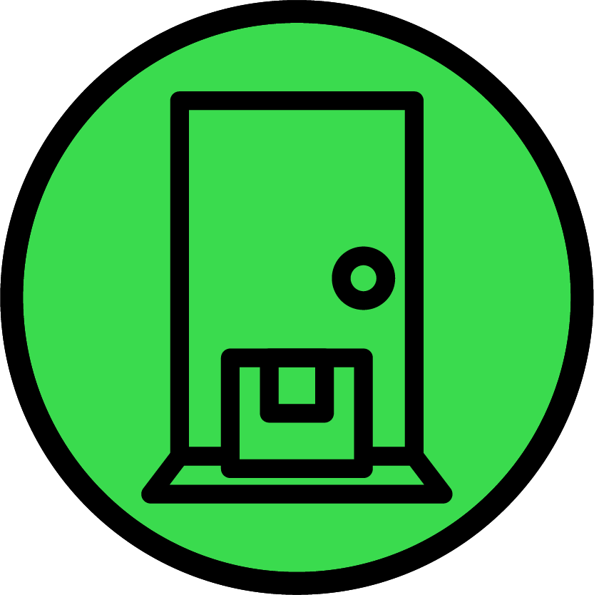 Bright green circle with icon of box at doorstep