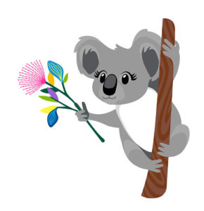 Koala on a branch holding a flower