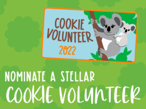 Koala illustration with text, Nominate a stellar cookie volunteer