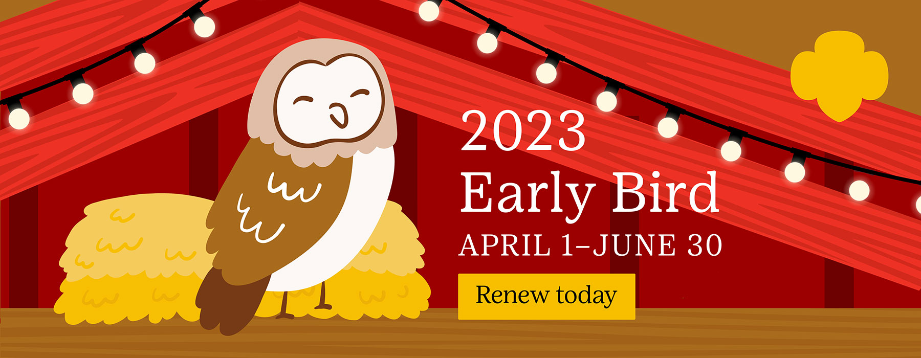 Barn owl illustration with text, 2023 Early Bird April 1-June 30
