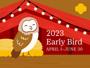 Barn owl illustration with text, 2023 Early Bird April 1-June 30