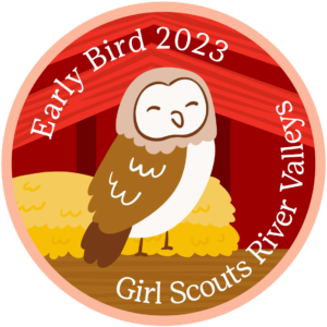Barn own on circle barn background with text Early Bird 2023 Girl Scouts River Valleys