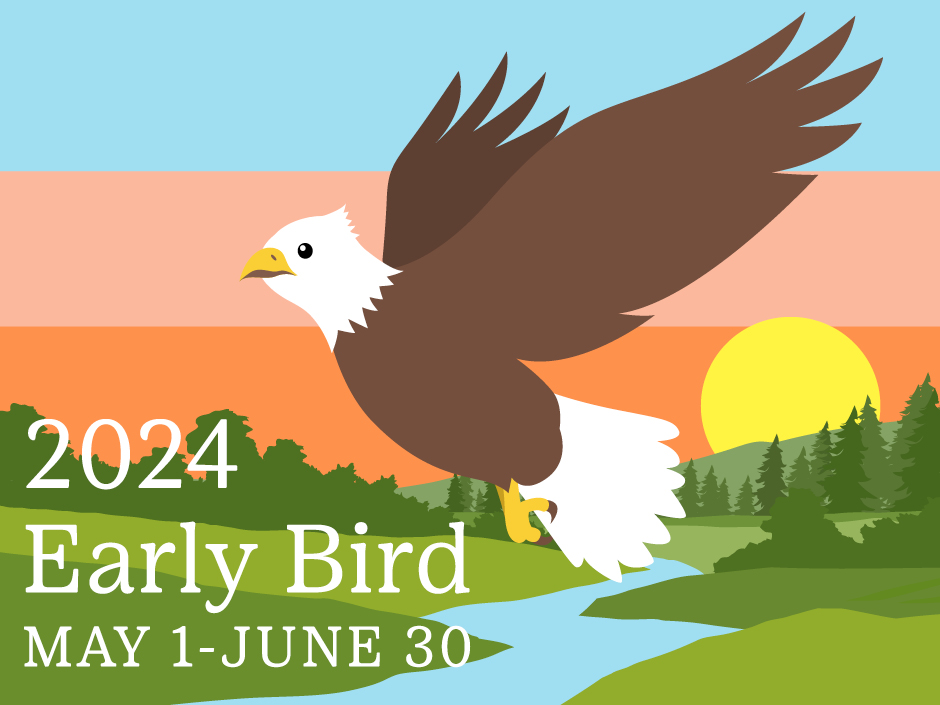 illustration of a bald eagle with text 2024 Early Bird: May 1-June 30