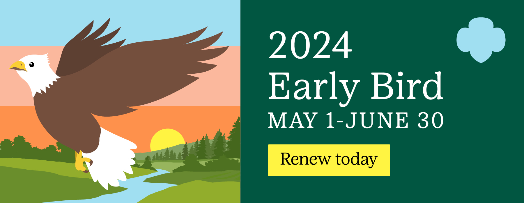 Illustration of a bald eagle with text 2024 Early Bird May 1 through June 30